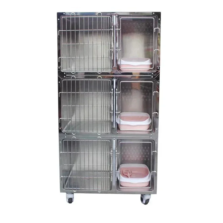 Stainless Steel 304 Veterinary Cat Carrier With Litter Box And Wheels Removable Three-layer Stainless Steel Cat Cages