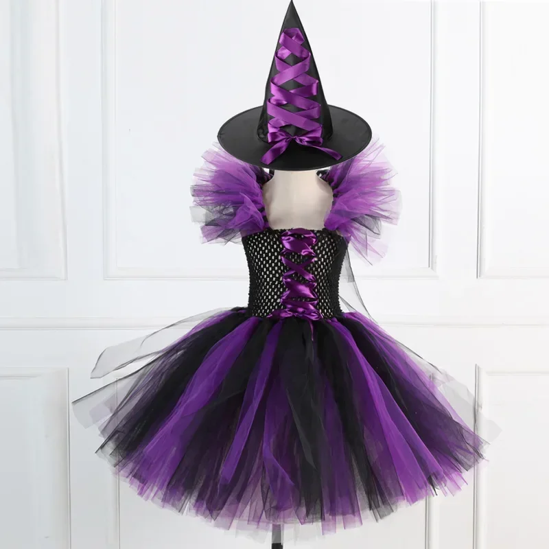 Disguise witch costume for girls Halloween Tutu knee dress hat broom pantyhose Carnival cosplay party outfit kids' D1 MN12