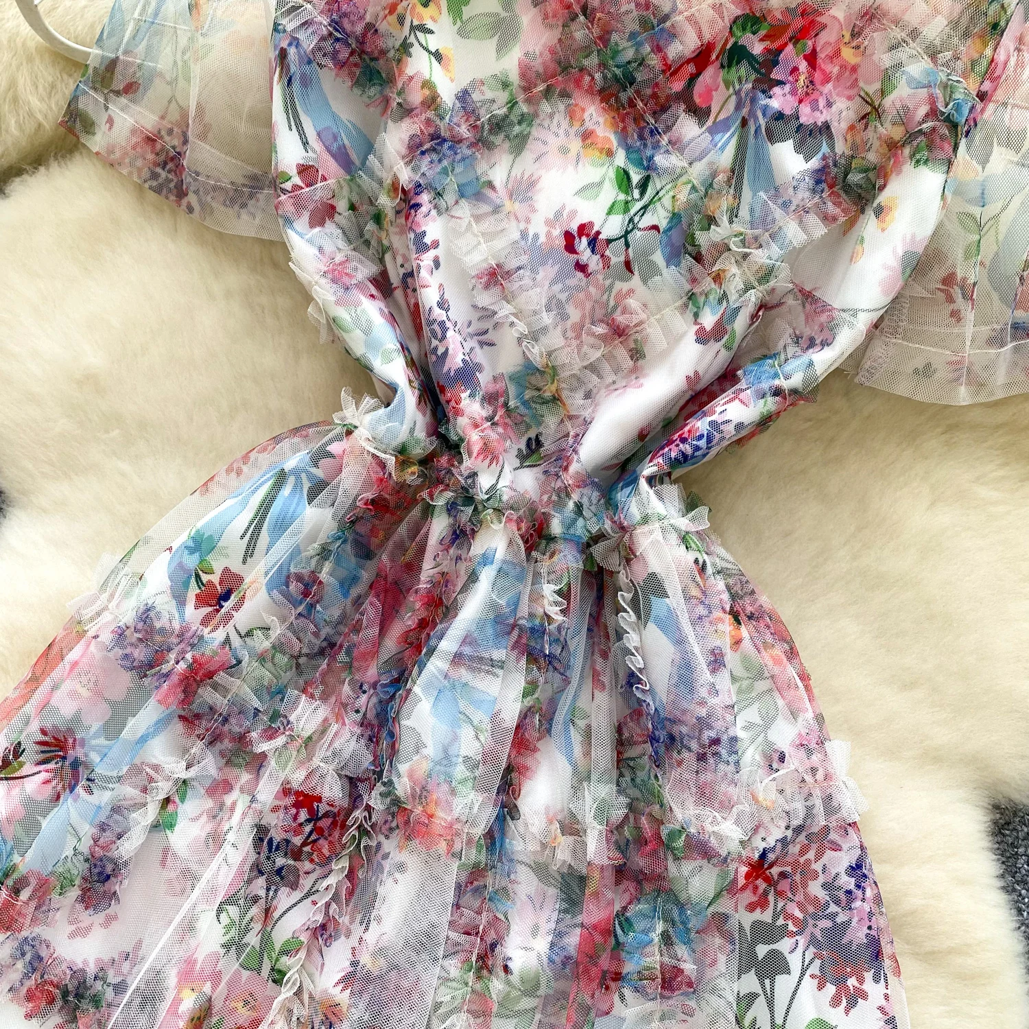 2025 de alta qualidade festa francesa vestido longo novo feminino babados colarinho mangas curtas uma linha vestido verão moda malha impressão bohe vestido