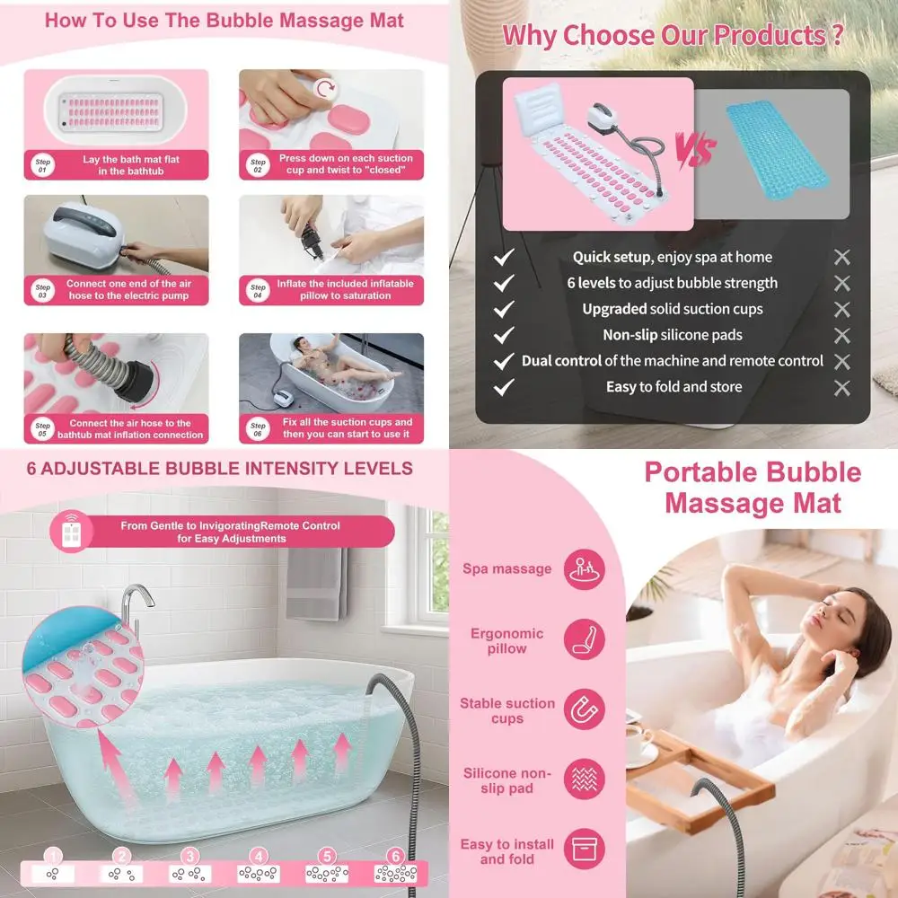 

Portable Spa Bubble Bath Massager with 74 Jets, Remote Control, 6 Speeds, Non-Slip Cups, and Inflatable Pillow (Pink)