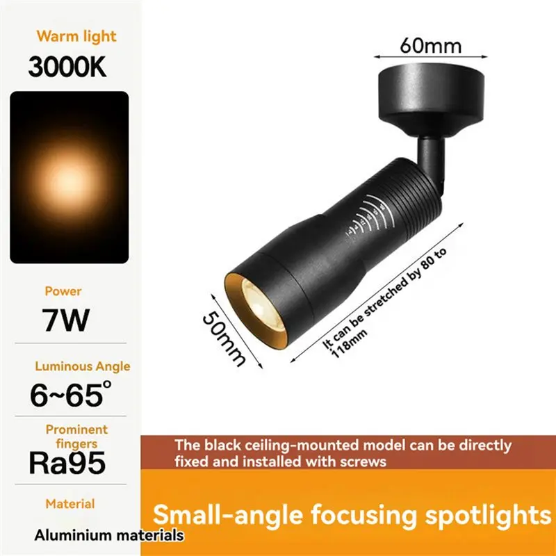 AB13-4X Adjustable 10°-60° Narrow Angle 3000K Ceiling Mounted Spotlight 7W Zoomable Spotlight Light With Zoom Function