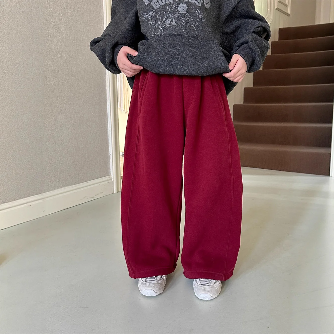 Boys and Girls Versatile Straight Through Closure Fleece Long Pants Korean Version Children's Plush Casual Sweatpants