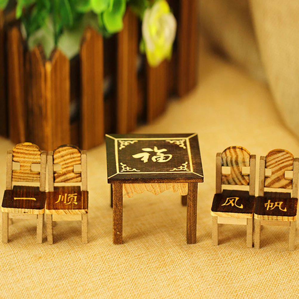 1Set Mini Acht Stoelen Tafel Simulatie Houten Speelhuis Decor Miniatuur Scène Versiering Mini Huis Meubelaccessoires