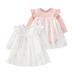 2024 Spring Summer Korean Baby Girls Dress Cotton Mesh Spliced Ruffle Newborn Girls Dress Solid Daisy Wrapped Infant Girls Dress