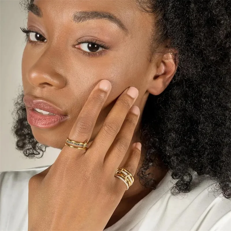 A Niche Two-Color Four-Ring Copper Jewelry Ring, Hypoallergenic, Ins Style, Stacking Artifact, Suitable For Young Wome Jewelry