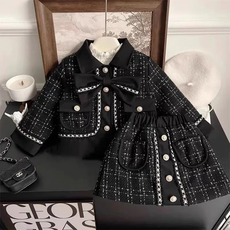 

TOY-Girls' Winter Outfit Set: New Stylish Knitted Bowknot Top and Skirt Two-Piece Set