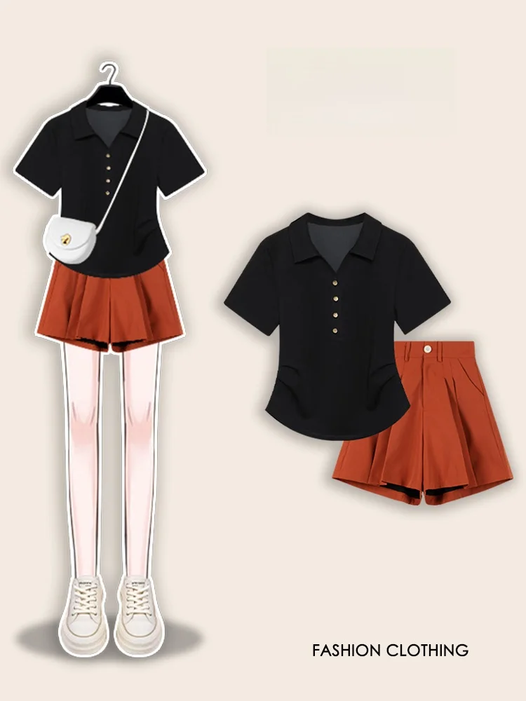 

Youthful Vitali Women's Faion Set Collar Slim Fit T-irt And Pumpkin Color Retro Casual orts Summer Outfit