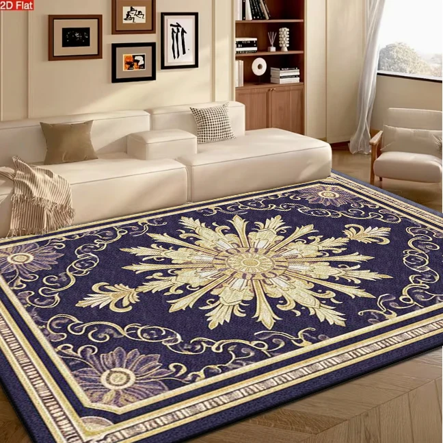 Dark Blue Gold Royal European Baroque Medallion Area Rug Luxury Classic carpet flooring for Entry Living Room Home