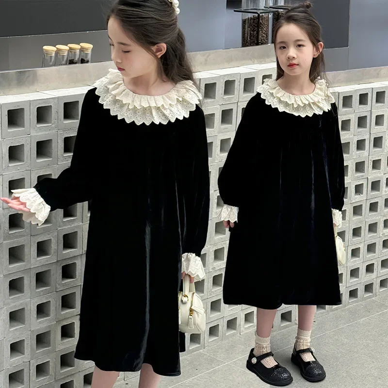 

Girls' Corduroy Lace Dress Autumn 2024 New Style Middle University Children's Elegant Black Princess Dress Trendy