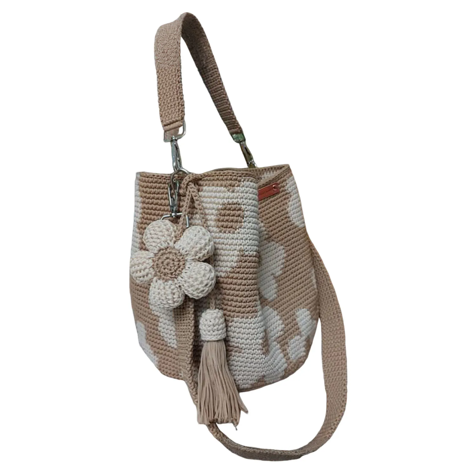 Boho Beach Handbag Lightweight Crossbody Shoulder Bag with Flower Tassel Needlepoint Barrel Drawstring Purse for Women Vacation view 4