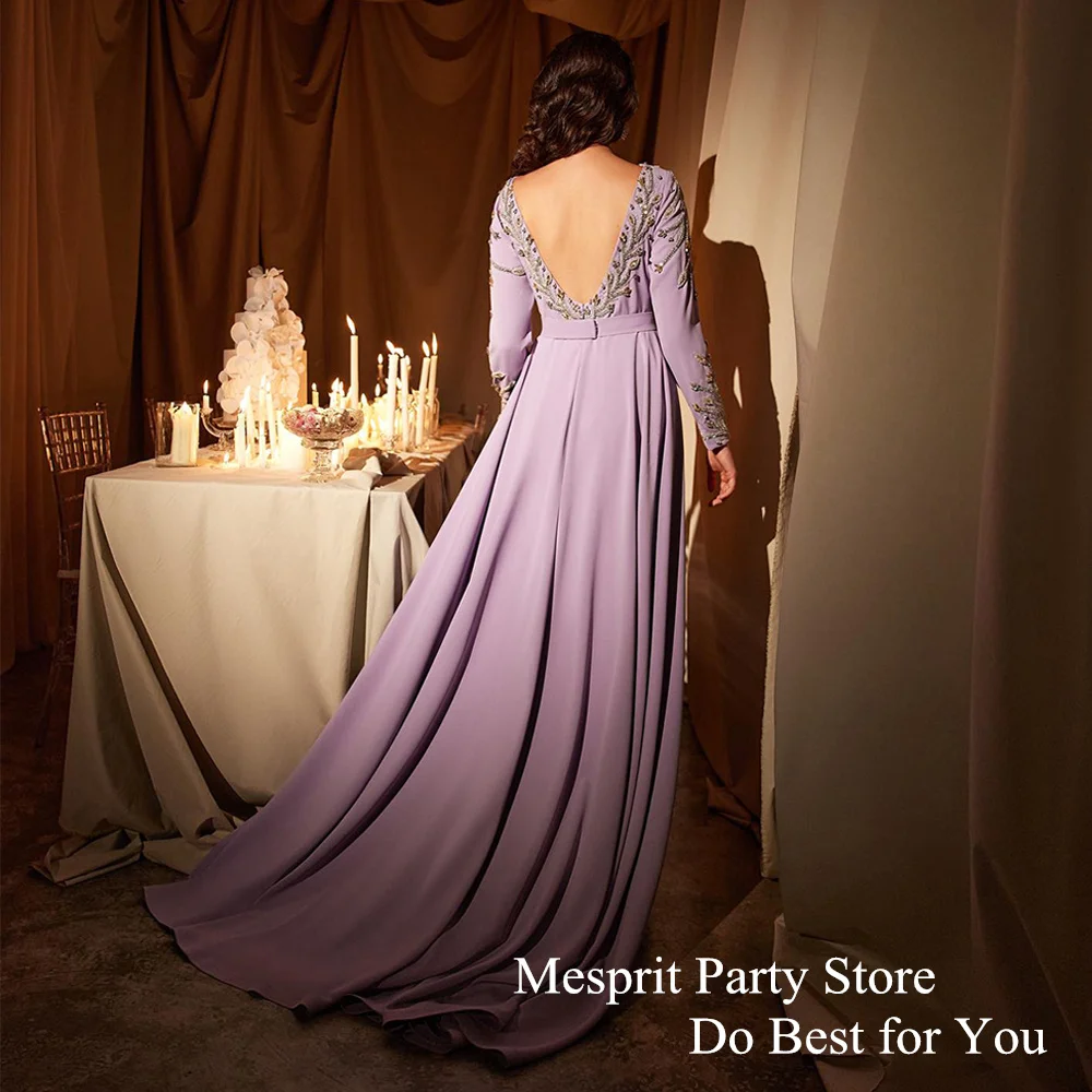 Lilac Evening Dress Saudi Arab Prom Gown Customized Long Sleeves Beading Mermaid Party Gown with Train فساتين للمناسبات الرسمية