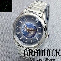 NH35 Gramock New 40mm Stainless Steel Domed Sapphire Glass World Map Green Luminous Dial 6 O'Clock NH35 Waterproof men's watch