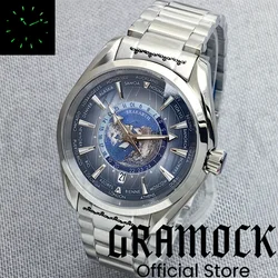 Gramock NH35 40mm Steel Dive Mechanical Watches Domed Sapphire Glass World Map Luminous Dial 6 O'Clock 100M Diving Watch For Men