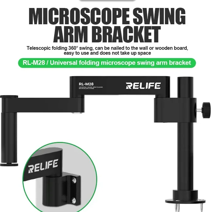 RELIFE RL-M28 مجهر عالمي قابل للطي سوينغ الذراع قوس للطي 360 درجة سوينغ ارتفاع قابل للتعديل حامل المجهر