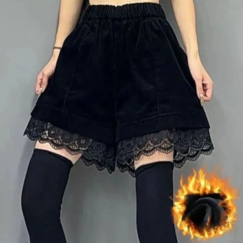 

Черные вельветовые кружевные лоскутные повседневные шорты с флисом, осенние и зимние широкие сапоги и брюки для женщин, стиль