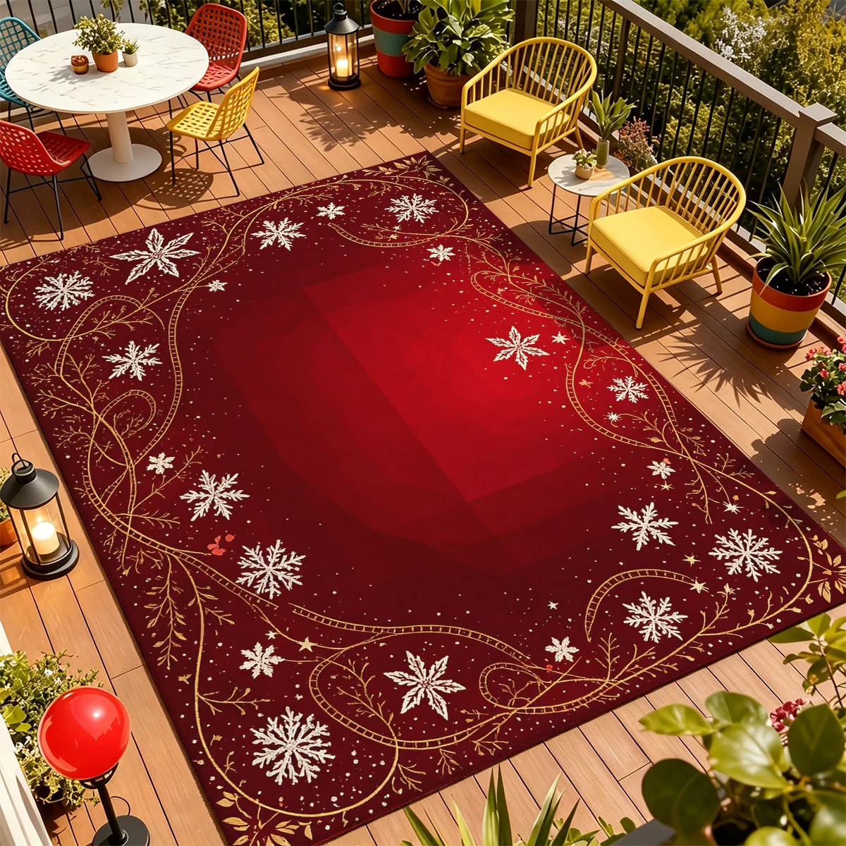 1pc 2D Flat Golden Vines Snowflake Ornate Border Printed Floor Mat, Decorative Rug for Living Room, Bedroom, Home