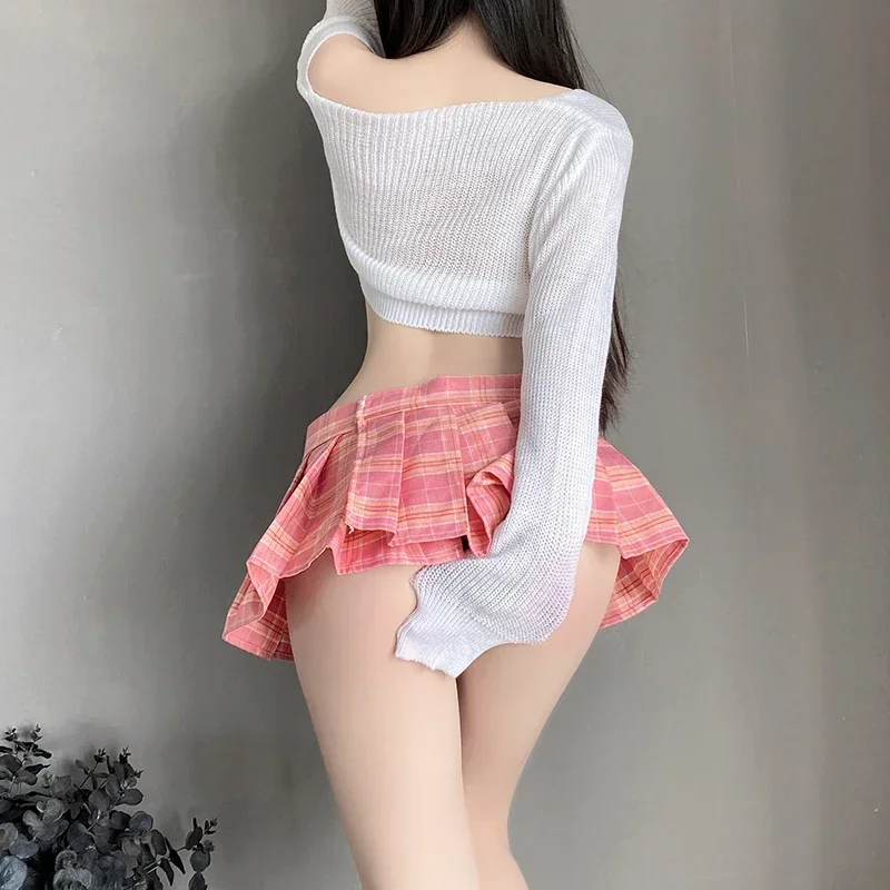 Kawaii School Girls Cosplay Women Sexy Lingerie Set Costume Sweater Top Shirt with Plaid Skirt Student Uniform Porno Outfits