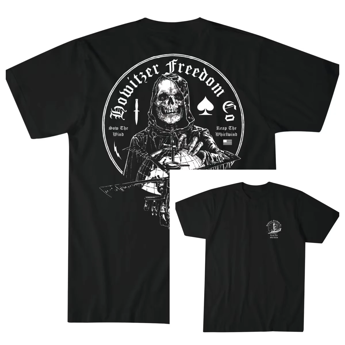 Monochrome Hooded Reaper Skull Globe Combat Helicopter Print T Shirt Double Sided Howitzer Freedom Co Sow