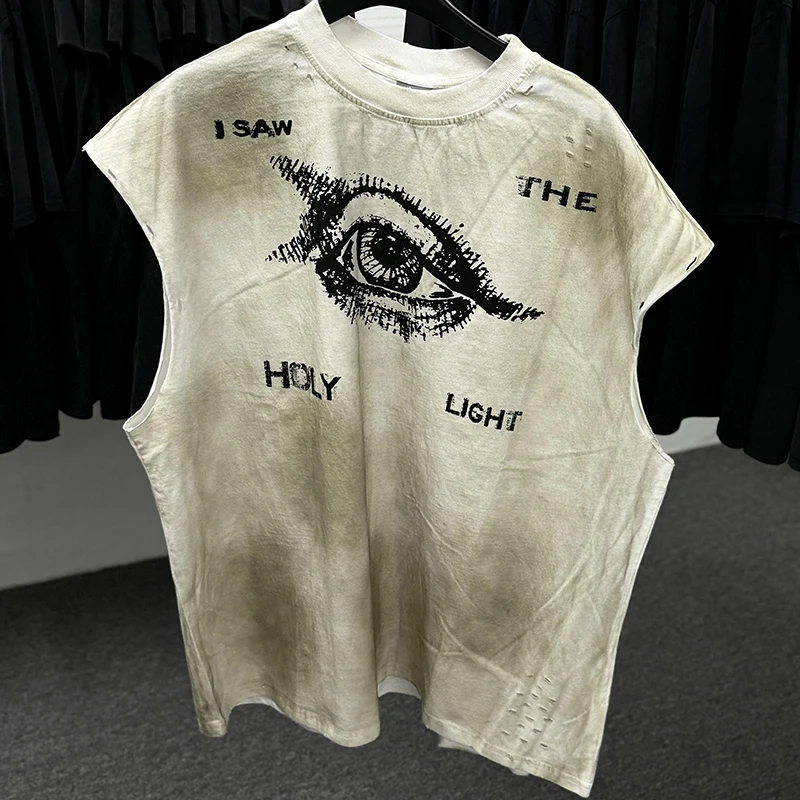 Streetwear Saint Vest Men Vintage Washed Apricot Made Dirty Sleeveless T Shirt Best Quality I Saw The Holy Light T-Shirt