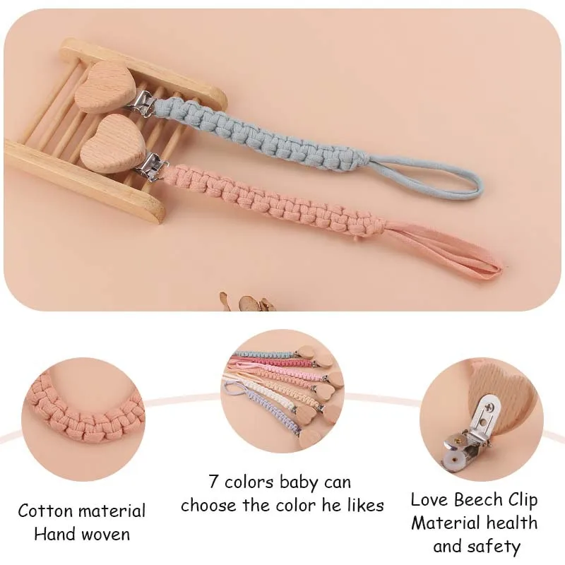 Catena per ciuccio per bambini Panno di cotone intrecciato a mano Fatto a mano a forma di cuore Clip per ciuccio manichino in legno per regali per la doccia con massaggiagengive per allattamento