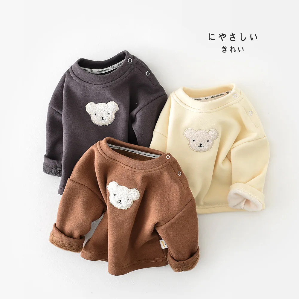 Infant Girls Cartoon Bear Bottoming Shirts Plus Velvet Thick Toddler Boys Clothes 2025 Winter New Baby Long Sleeve Fleece Tee