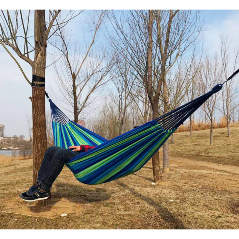 Portable Canvas Hammock with Anti-Rollover Design, Breathable & Stable Knots, Vibrant Blue & Green Stripes, Perfect for Garden,