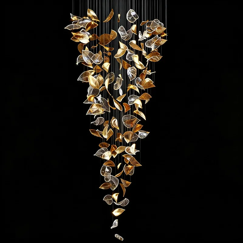 

Glass Leaves Chandelier Shaking Golden Clear Glass Pendant Custom Large Luxury Lighting Fixture For Villa Staircase Hotel Lobby
