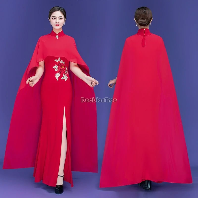 2024 chinese style banquet ceremonial dress national solid color embroidery qipao dress improved elegant stage performance qipao