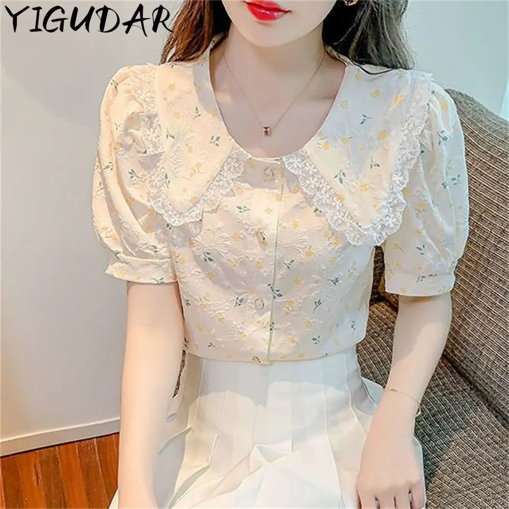 

2023 Summer Chiffon Blouses Beading Tops Women Basic Patchwork Short Sleeve Vintage Shirts Loose Work Casual Blusas Female body