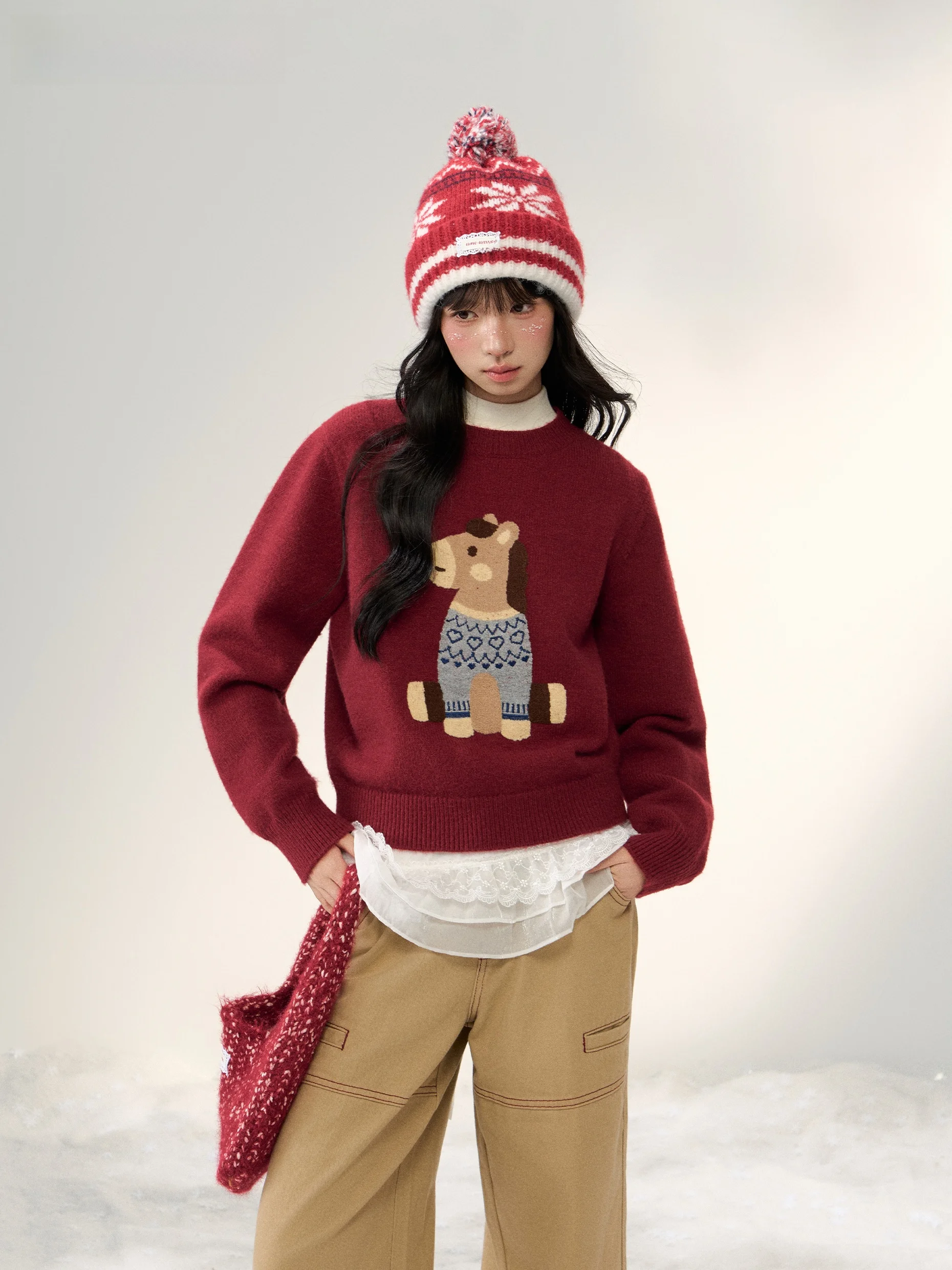 

Umoumo New Year Sle Red Knitted Overhead Sweater Vintage Versatile Embroidery Top for Women Straight Cut Long Sve