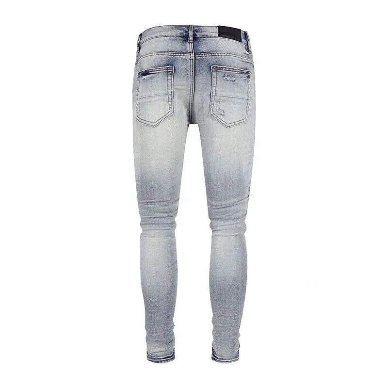 

New American Fashion Men's Jeans Color blocked Black Patched Elastic Slimming Retro Light Blue Conical Jeans