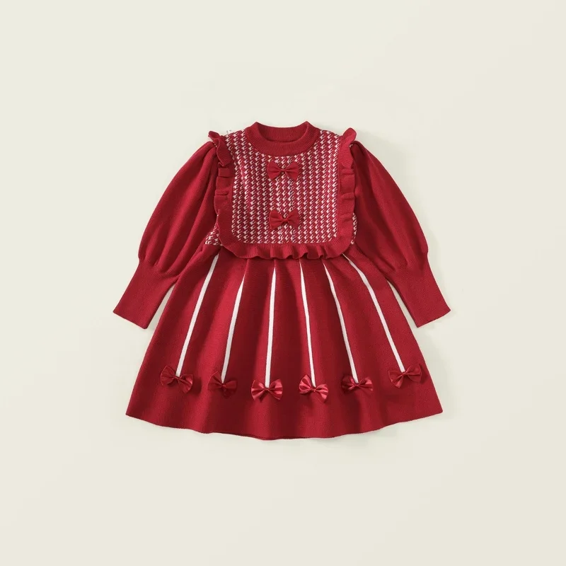 

Girls Autumn Knitted Dress Long Sleeve Red Bow Embellished Knit Dress Kids Festive Party Dress