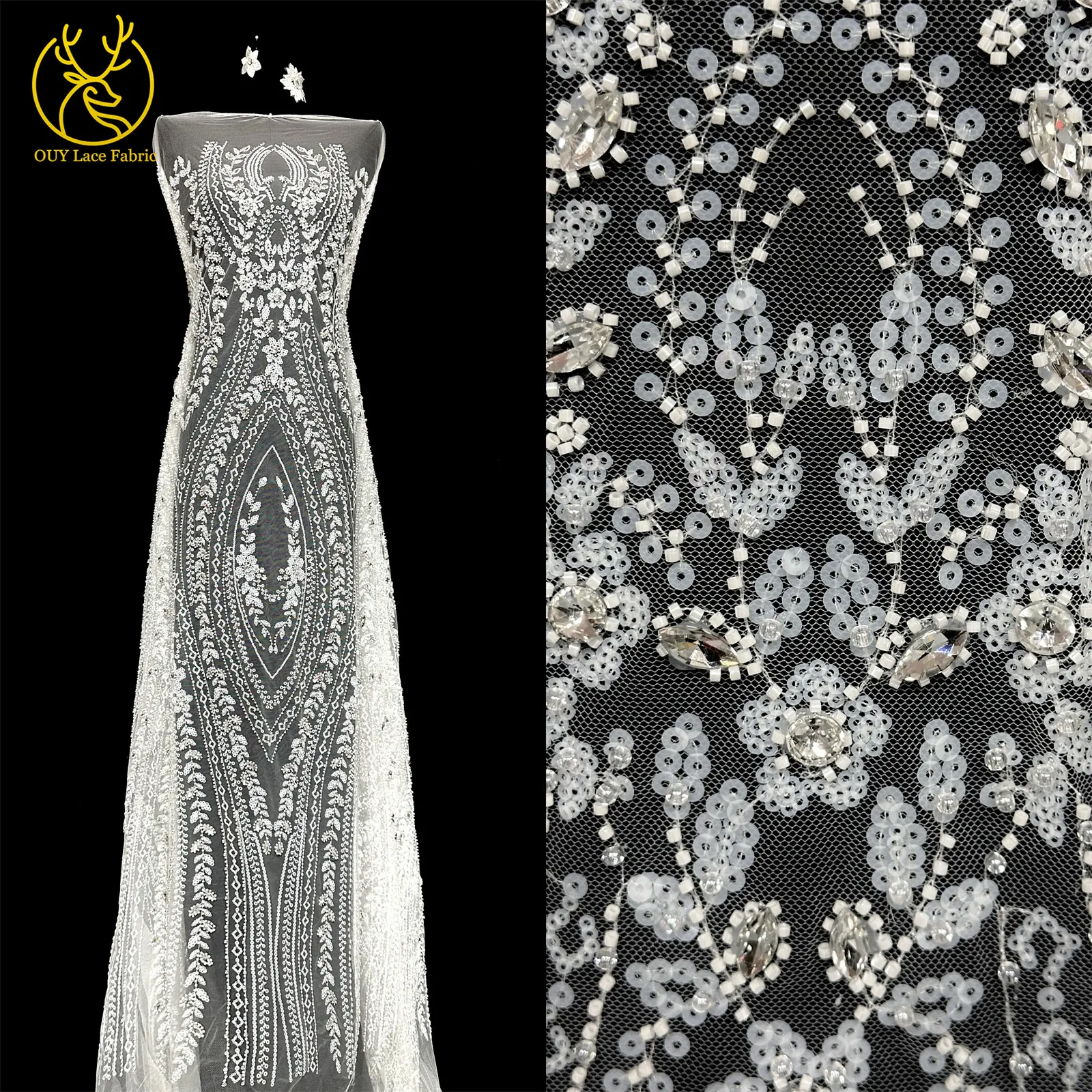 Nigerianisches weißes Hochzeitskleid Tüll-Mesh-Spitzenstoff Hochwertiger französischer Stein-Spitzenstoff Afrikanischer Perlen-Pailletten-Spitzenstoff – Detail 15