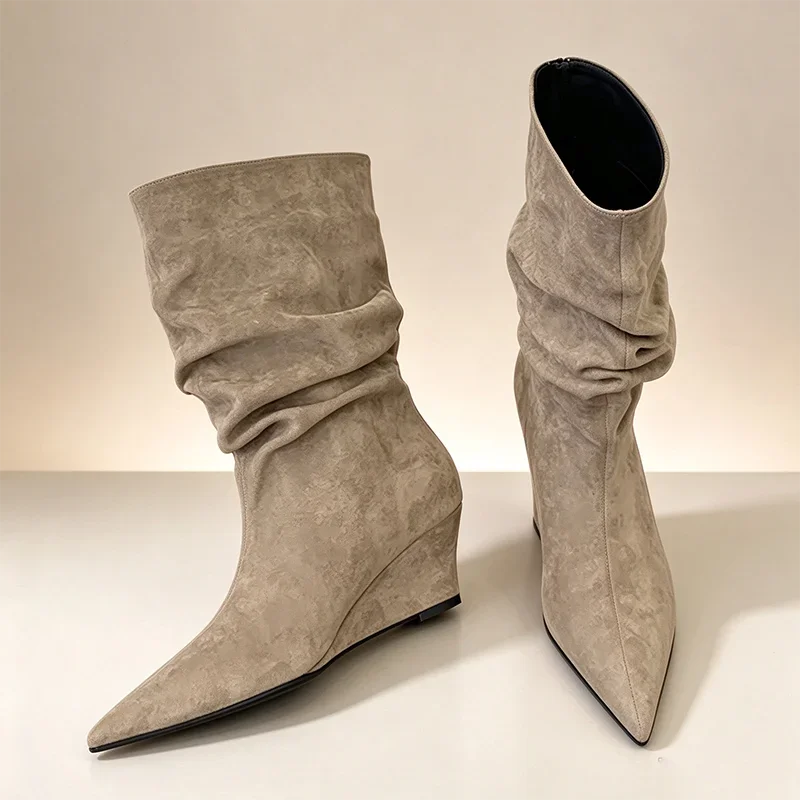 Aneikeh  Fashion Pointed Toe Wedge HeelAutumn Winter Vintage Women Slouchy Pleated Ankle Boots Khaki Suede Ladies Short Boots