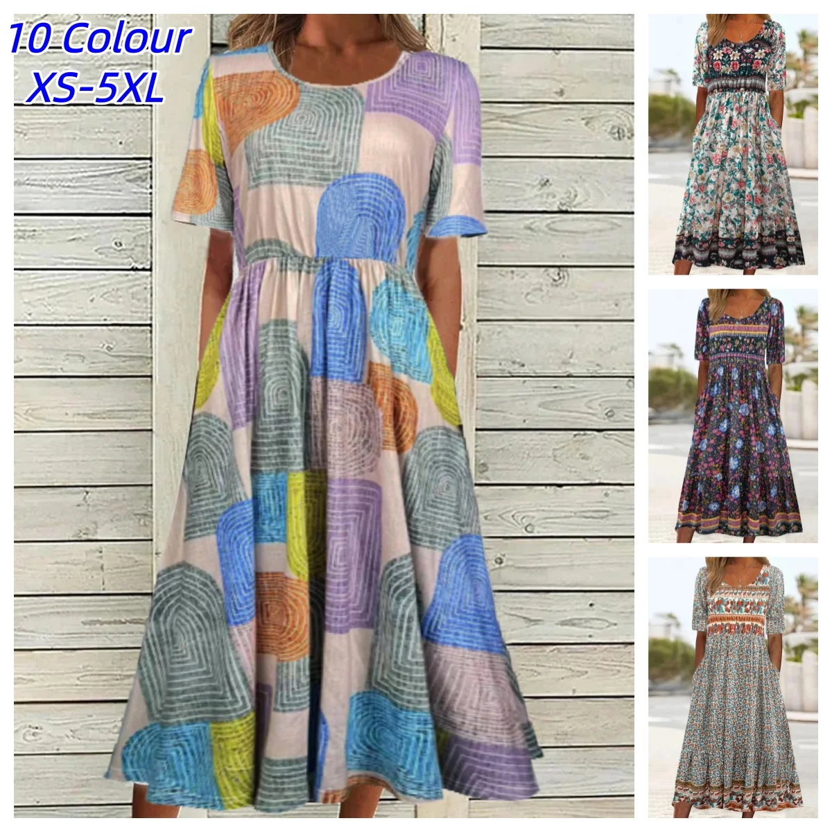

Summer New Women's Bohemia Loose Fashion Print Round Neck Short Sleeve Long Slim Casual Vacation Dress