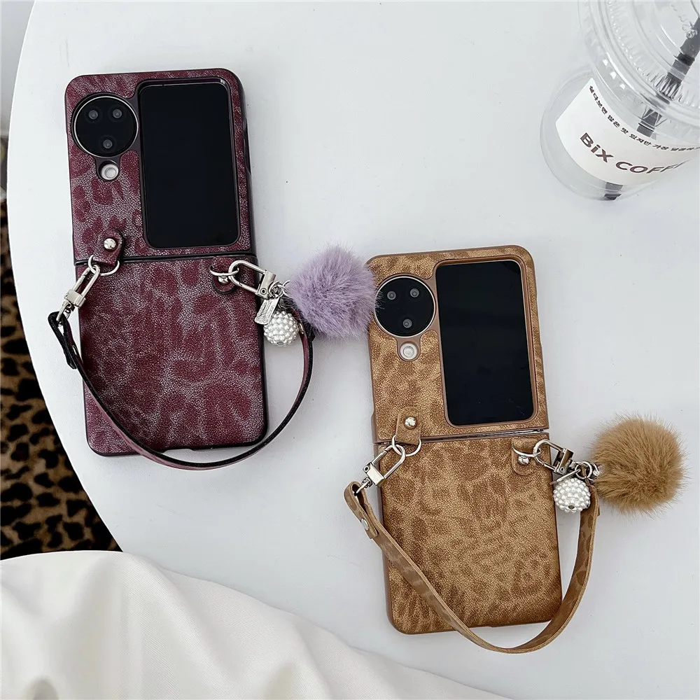 Luxo leopardo impressão pulseira caso para motorola razr50 ultra caso oppo encontrar n3flip caes huawei pocket2 nova flip capa v flip