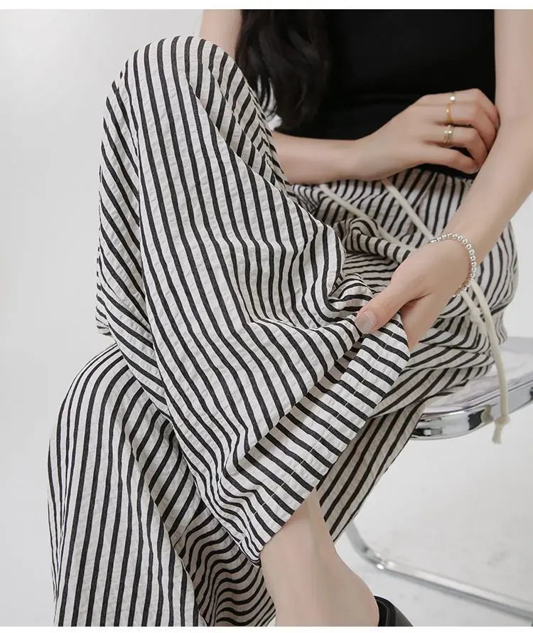 

Drawstring Waistband Striped Straight Pant with Pocket Loose Trousers Women aesthetic korean clothing plus size 2024 summer high