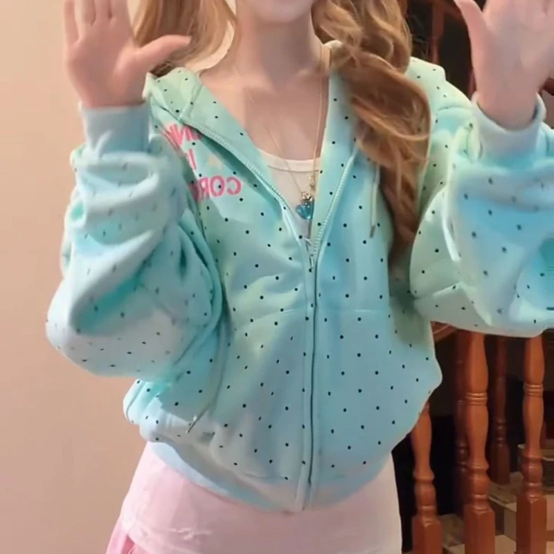 

Y2k American Vintage Polka Dot Sweatshirts New Spring Fashion Letter Print 2000s Hooded Women 2026 New Sweet Loose Casual Jacket