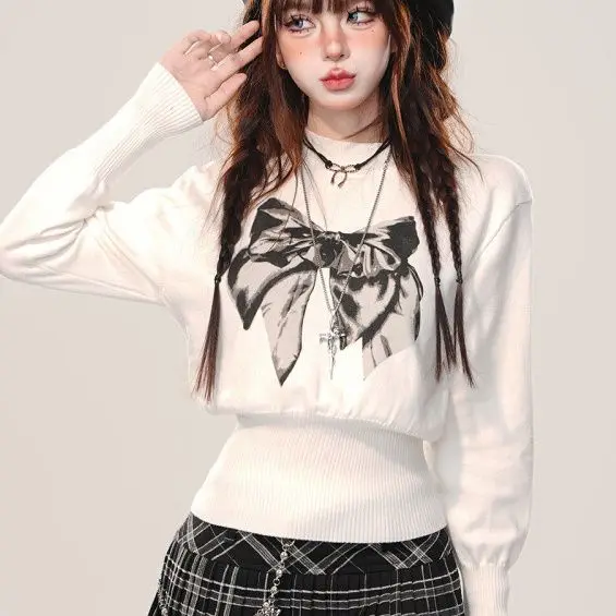 

Women American Bow Waist Half High Neck Sweater Pullover Y2k Top Winter Sueter Jumper Grunge Subcultural Gothic Streetwear