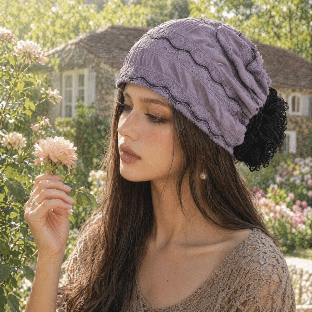Soft Elastic Flower Lace Turban Caps Embroidery Adjustable Head Wraps Hat Breathable Lightweight Cancer Chemo Hat Women
