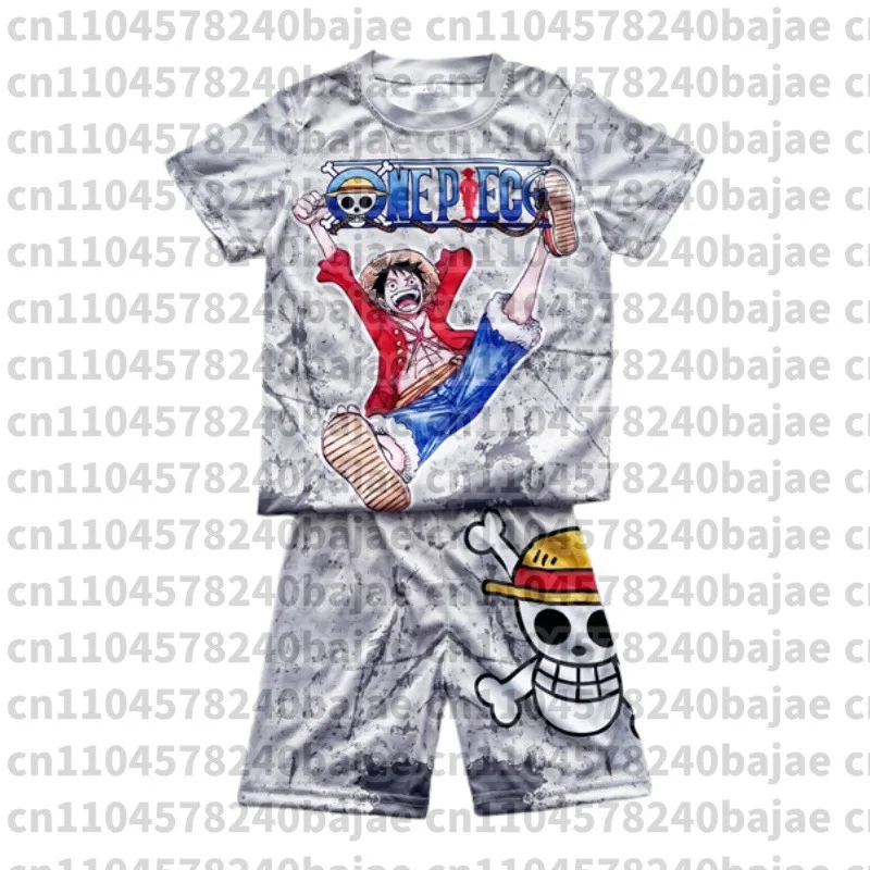 Strohhut Luffy Pyjama One Piece Anime Erwachsene Kinder T-Shirt & Shorts Athleisure-Set Sommer Schnelltrocknend Weich Leicht Bequem
