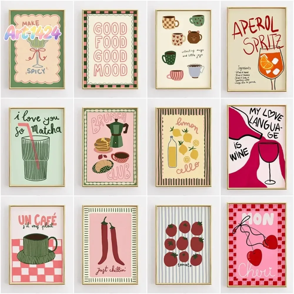Lustiges Küchen-Zitat-Poster Retro-Lebensmittel-Illustration Leinwanddruck Kaffeeliebhaber Wandbild Modernes Küchen-Heimdekor