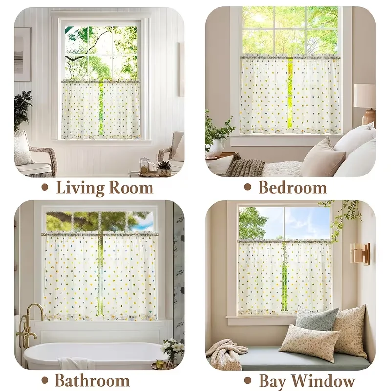 2PC  Macaron Polka Dot Sheer Half Curtain, Color Block Rod Pocket Cafe Curtain