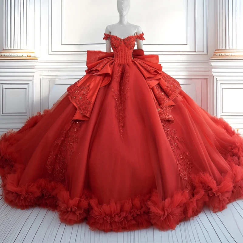 

Red Shiny Ball Gown Quinceanera Dresses Applique Lace Beading Crystal Bow Tiered Tull Corset Off Shoulder Sweet 16 Dress Vestido