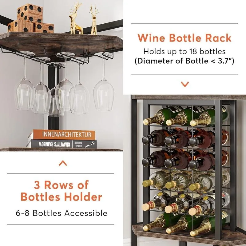 Wine Rack, Industrial Freestanding Floor Bar Cabinets for Liquor and Glasses Storage for Home Kitchen Utensils Bottles Rustic