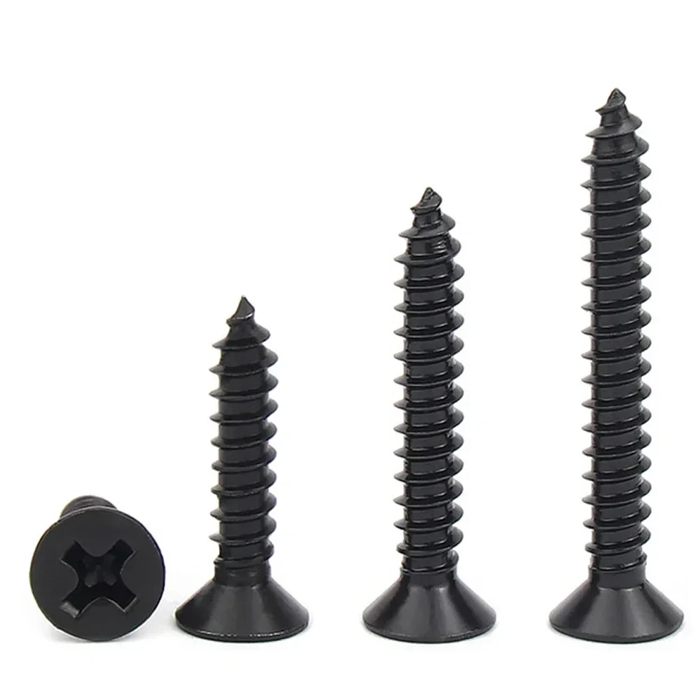 100Pcs/lot M1 M1.2 M1.4 M1.5 M2 M2.6 M3 M3.5 M4 M5 Cross Countersunk Flat Head Self-tapping Screw Black Phillips Carbon Steel