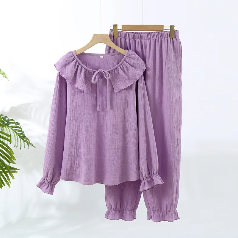 

New Arrived Set Women Two-piece Household Wear Pure Cotton Double Layer Gauze Pajamas Set Sweet Ladies Flounce Home Clothes