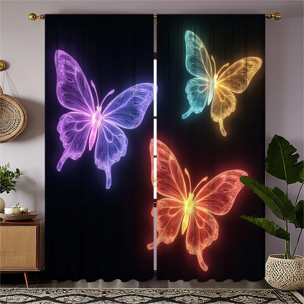 2pcs Vibrant Neon Butterfly Print Curtains - Dark Green Background with Glowing Purple, Blue, and Orange Butterflies - Semi-Tran
