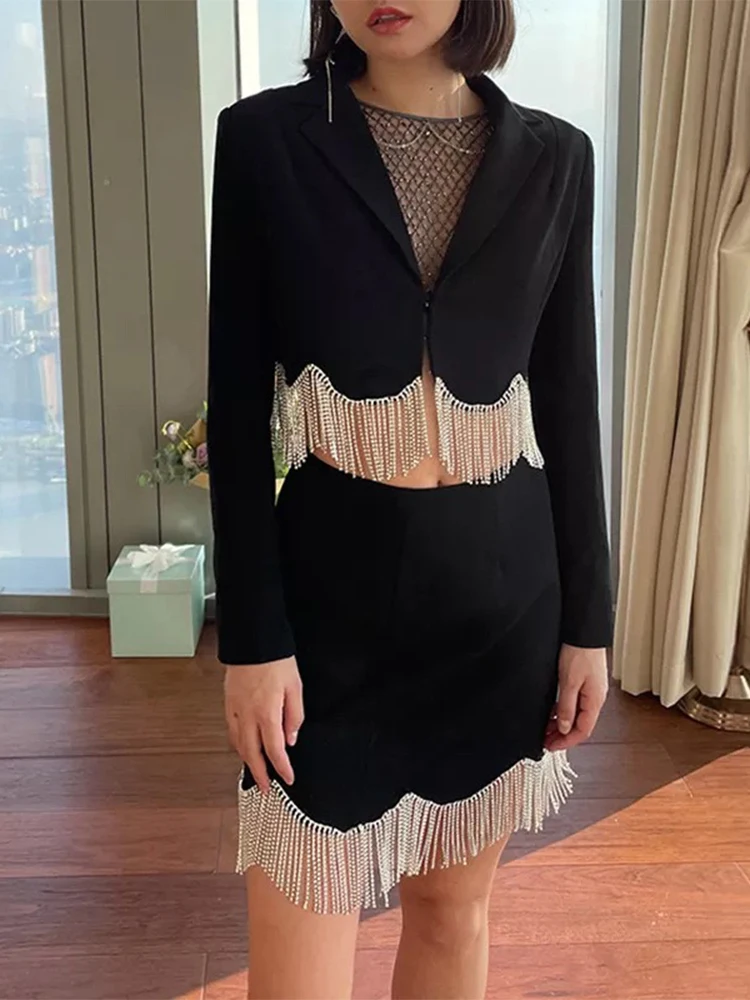 

NewAutumn Fashion Tassel Party Set Women's Notch Neck Short Jacket+High Waist A-line Mini Skirt Office Formal Set костюм