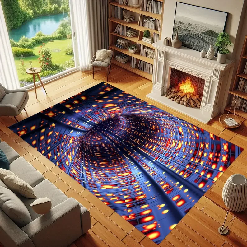 Blue 2D Vortex Rug Optical Illusion Holographic Floor Art Living Room Bedroom Home Decoration Carpets Rugs for Bedroom